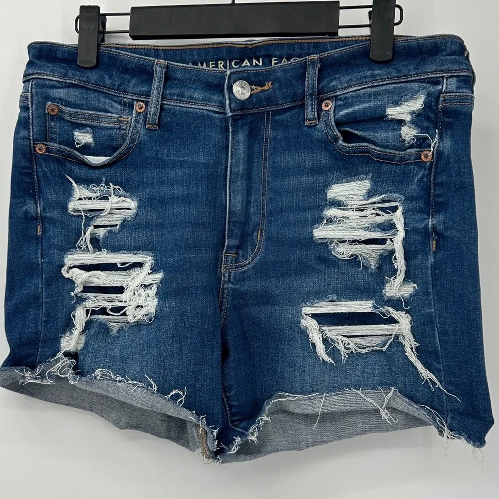 American Eagle High V-Rise Shortie Distressed Denim Shorts Blue Womens Size 10